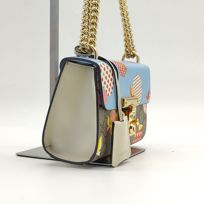 GG Supreme Monogram Les Pommes Small Padlock Shoulder Bag Beige Ebony Multicolor Abstract Blue