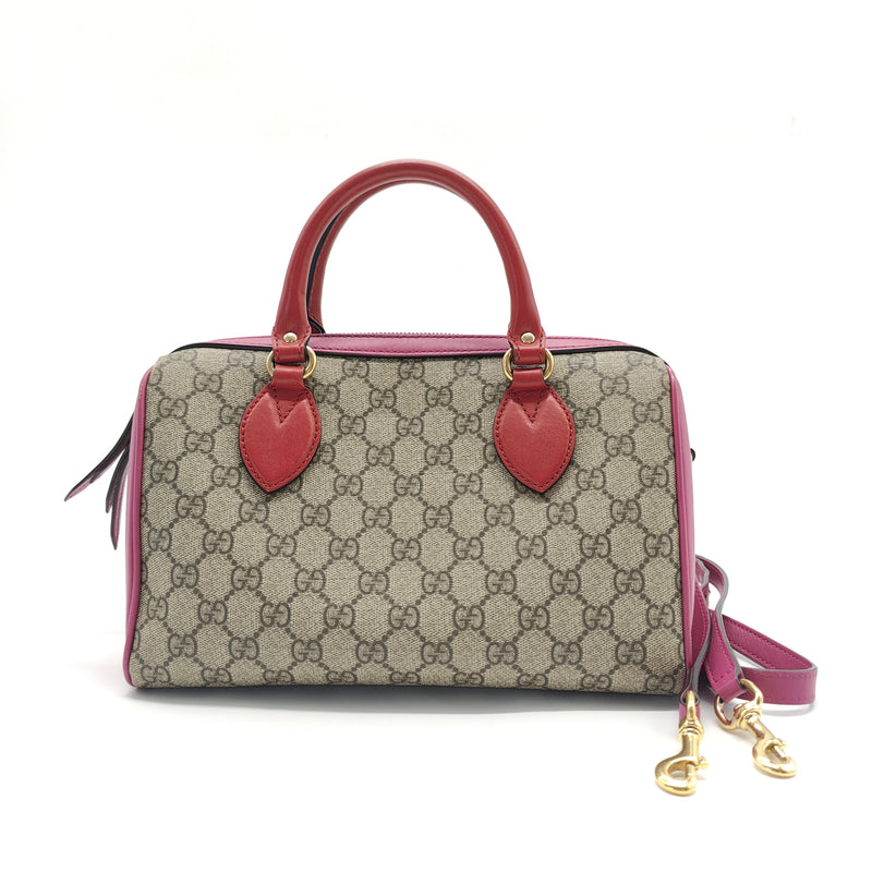 GG Supreme Monogram Moon Calfskin Small Boston Beige Ebony Hibiscus Red New Rosette