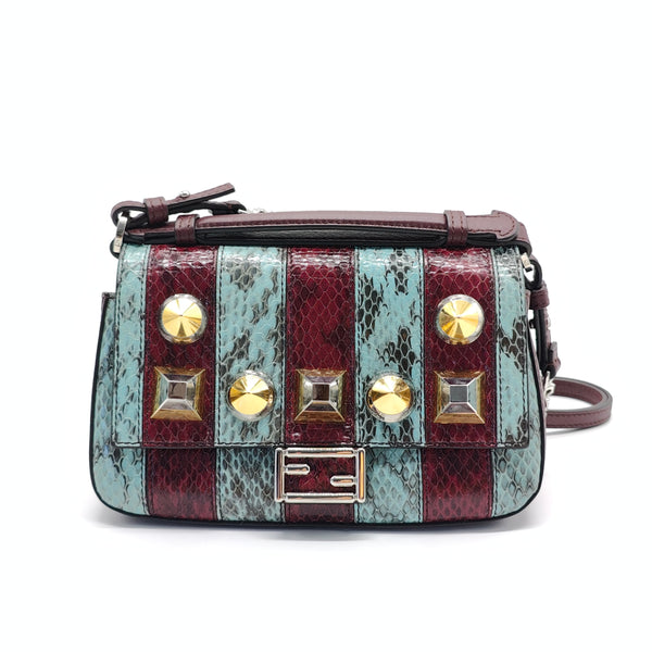 Elaphe Vitello Dolce Pequin Inlay Studded Micro Double Baguette Bordeaux Sky