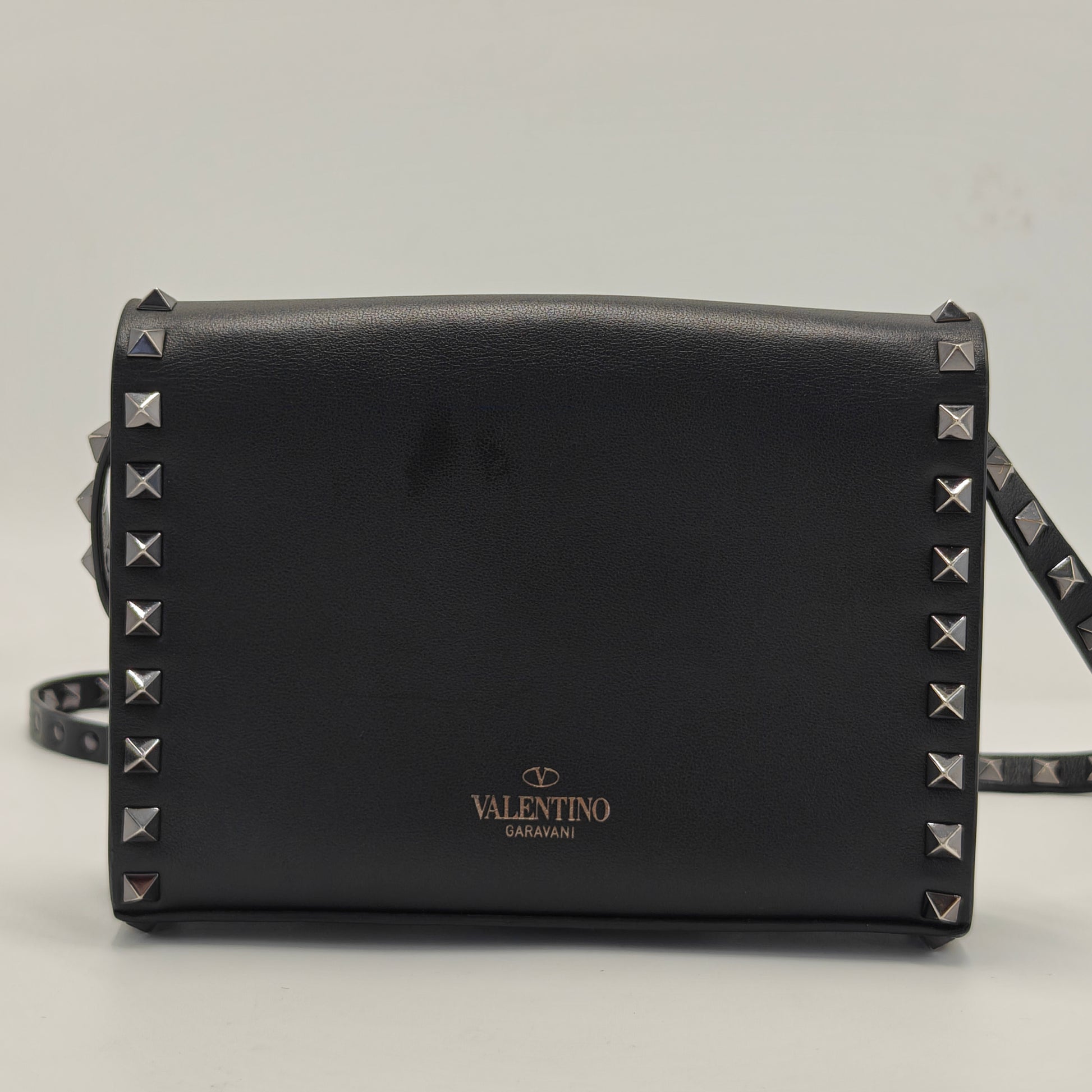 Valentino Black Leather Rockstud Flap Crossbody Bag