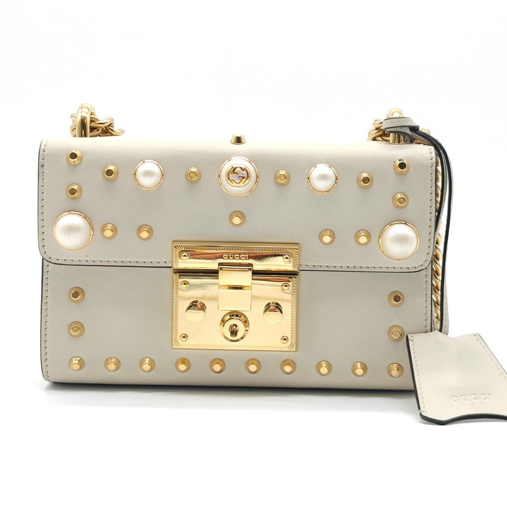 Calfskin Studded Small Padlock Shoulder Bag White