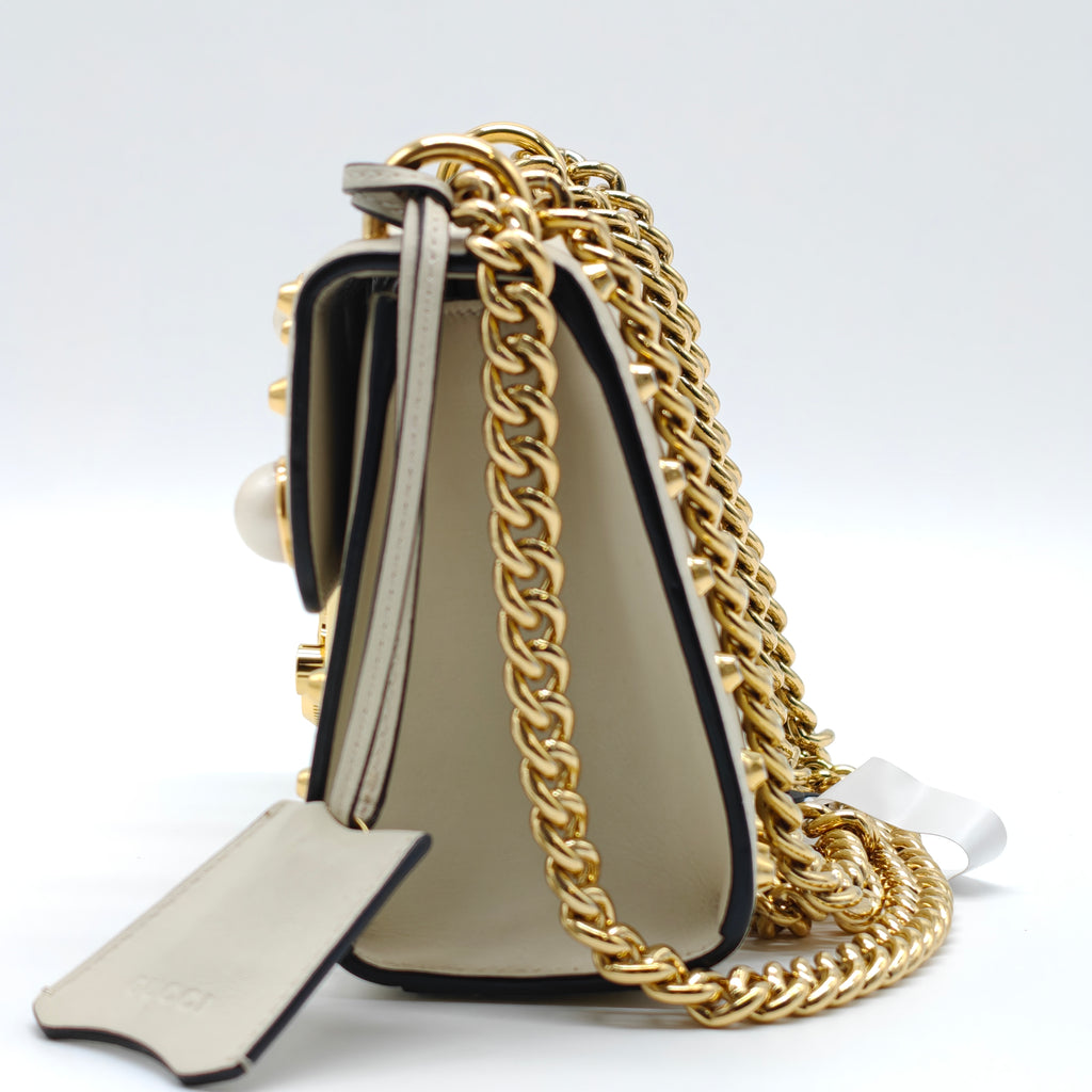 Calfskin Studded Small Padlock Shoulder Bag White
