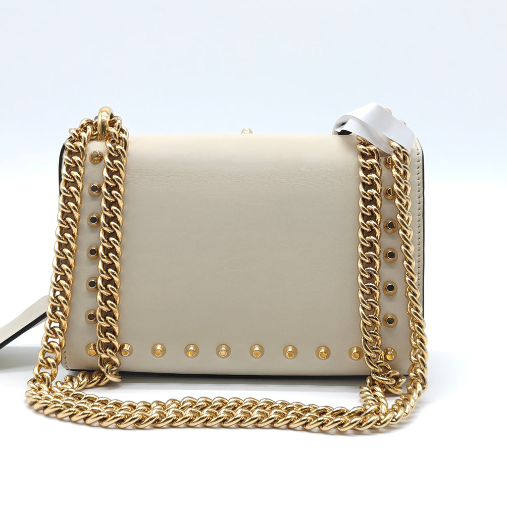 Calfskin Studded Small Padlock Shoulder Bag White