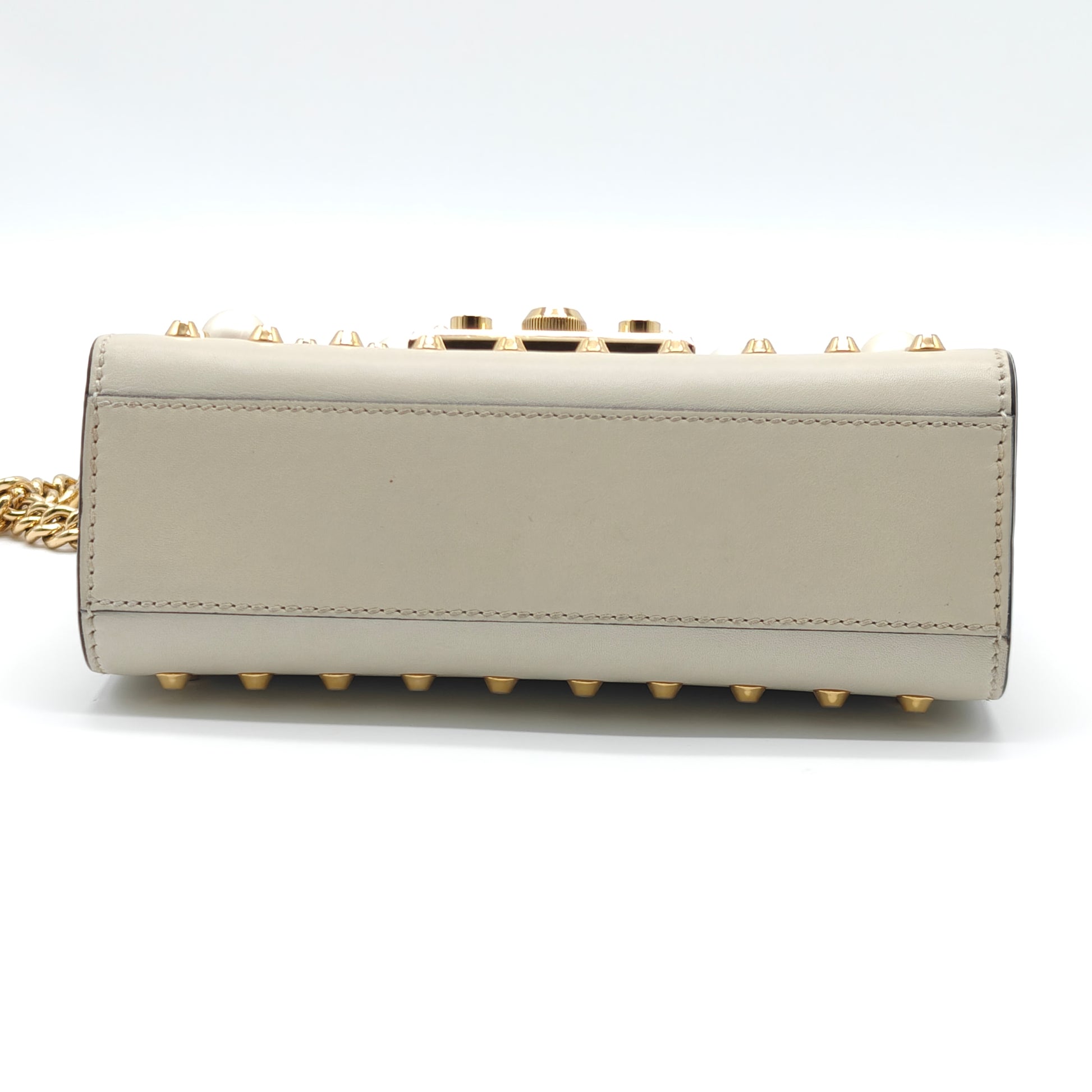 Calfskin Studded Small Padlock Shoulder Bag White