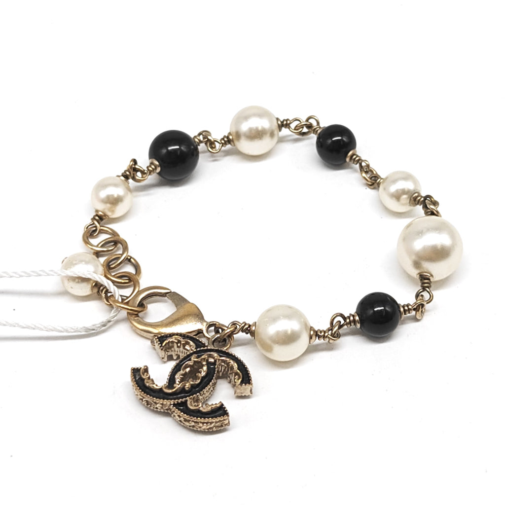 Chanel CC Faux Pearl Bead Gold Tone Bracelet Twins