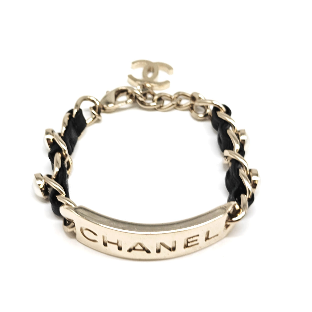 CC Chain Link Cuff Bracelet Metal with Lambskin and Crystal twins