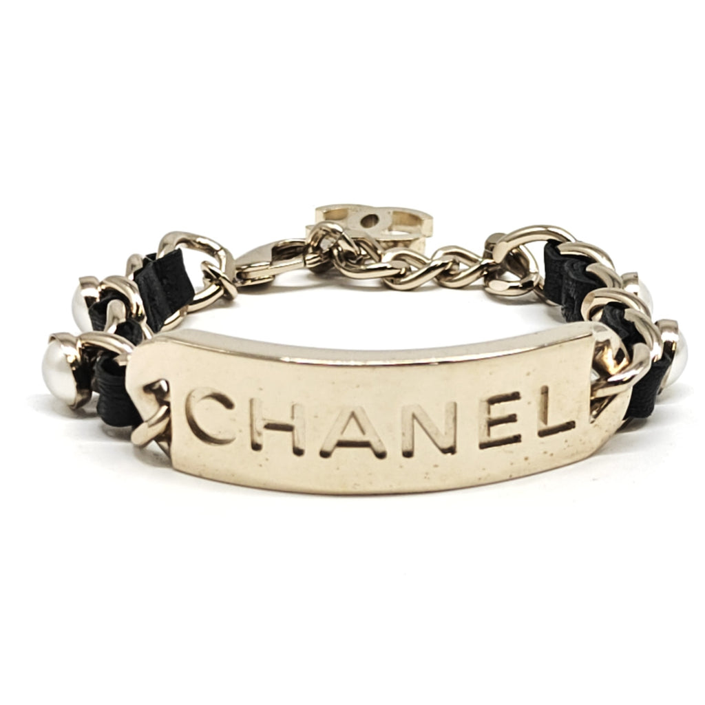 CC Chain Link Cuff Bracelet Metal with Lambskin and Crystal twins