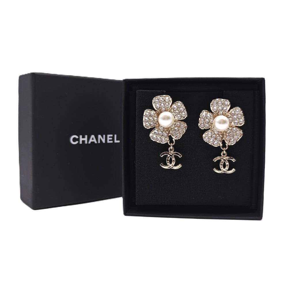 CC Flower Dangle Earrings Metal with Crystals and Faux Pearls