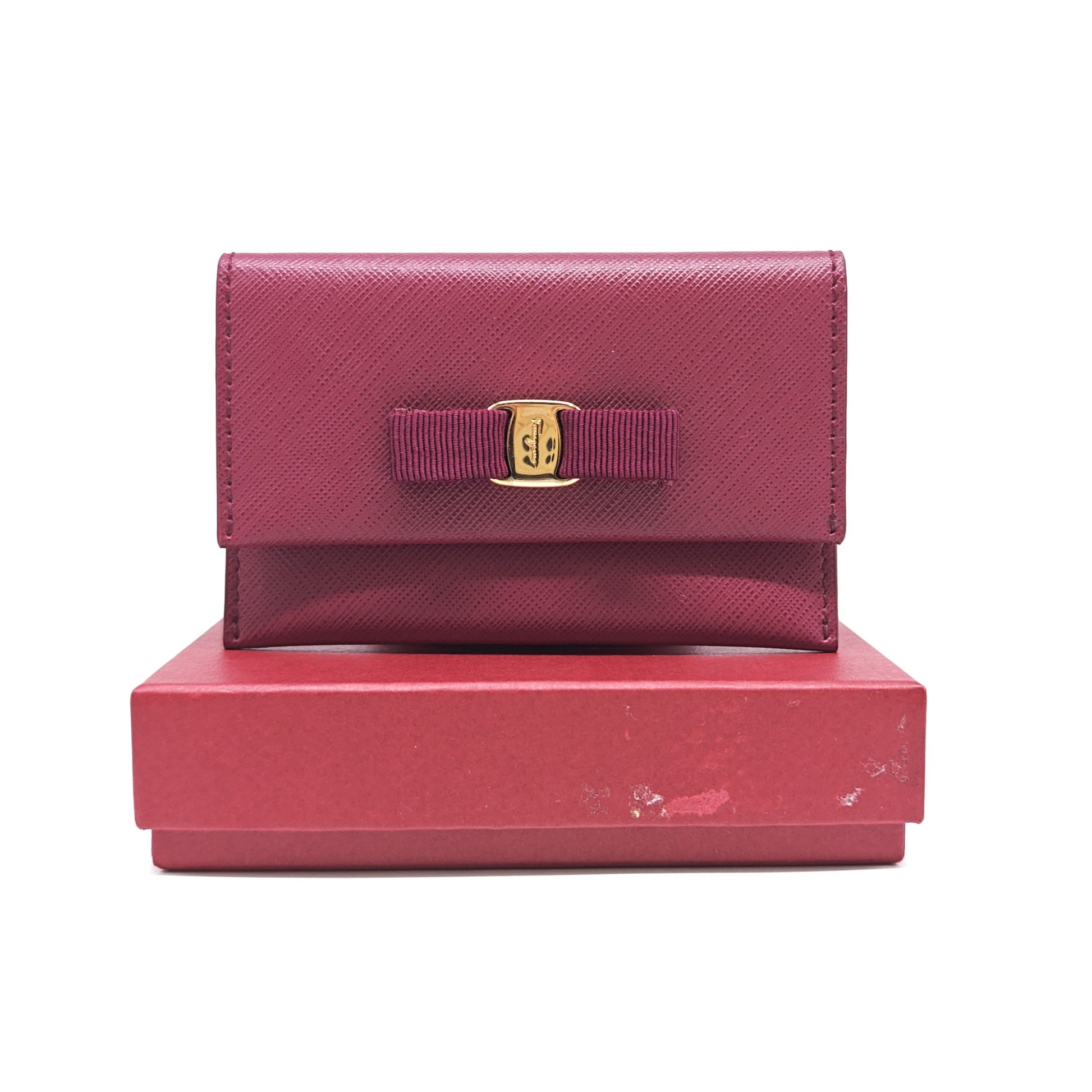 Auth Salvatore Ferragamo Vara -Bordeax Leather Card Case Twins