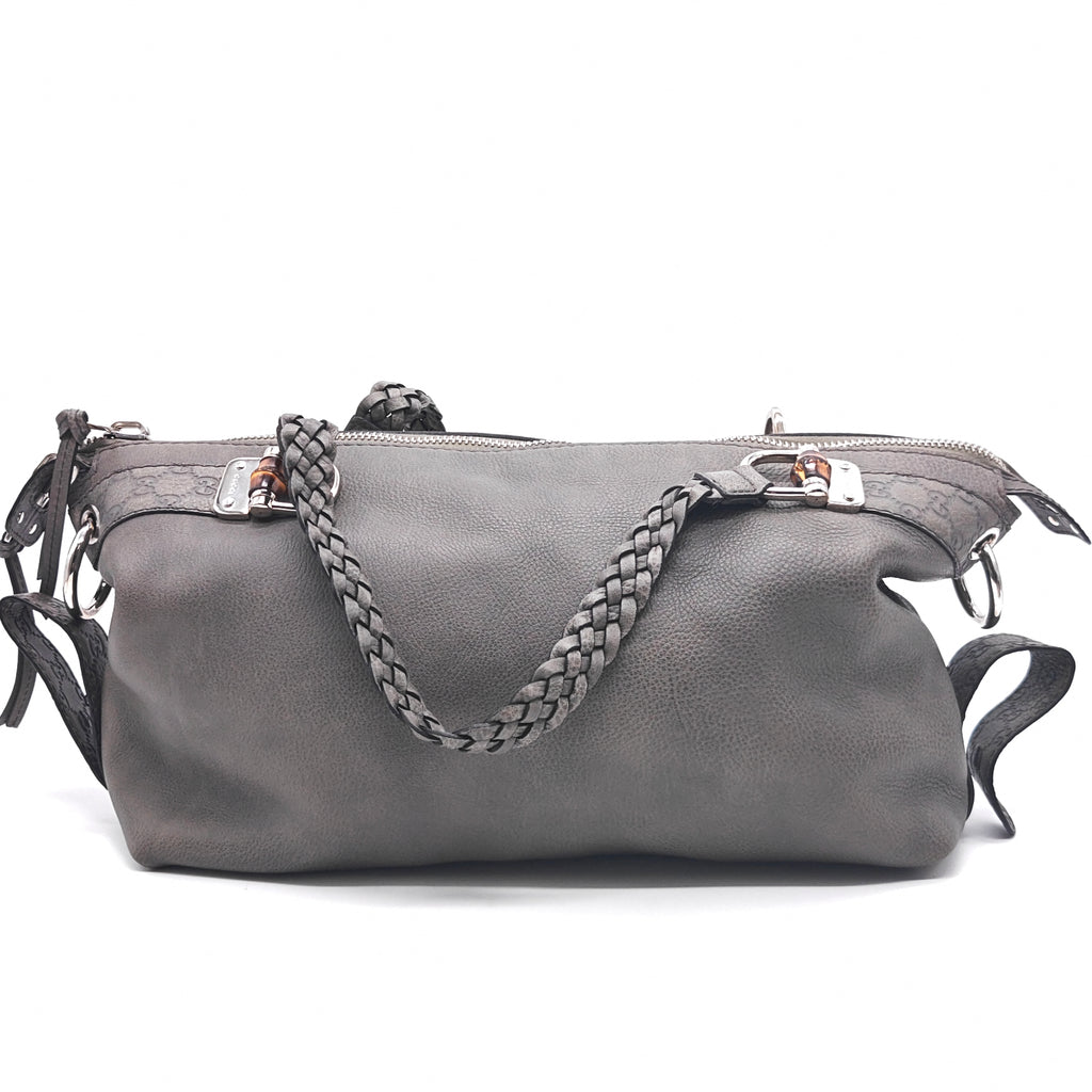 grey leather wrist tote bag