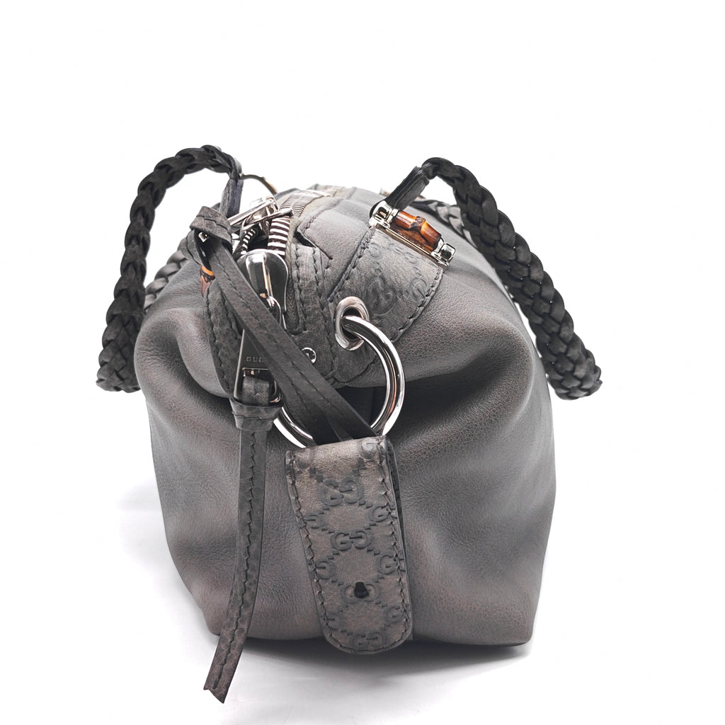 grey leather wrist tote bag
