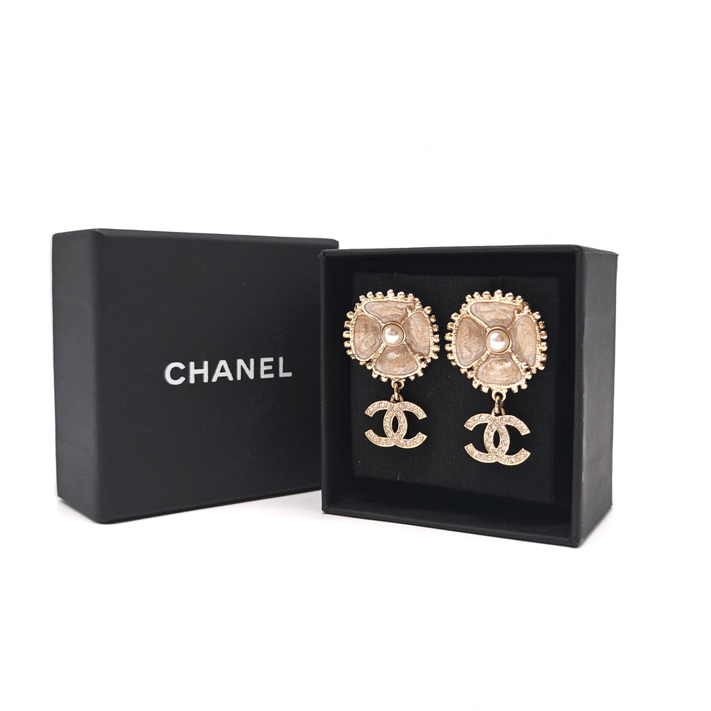 Crystal Pearl Resin Camellia CC Drop Earrings Gold