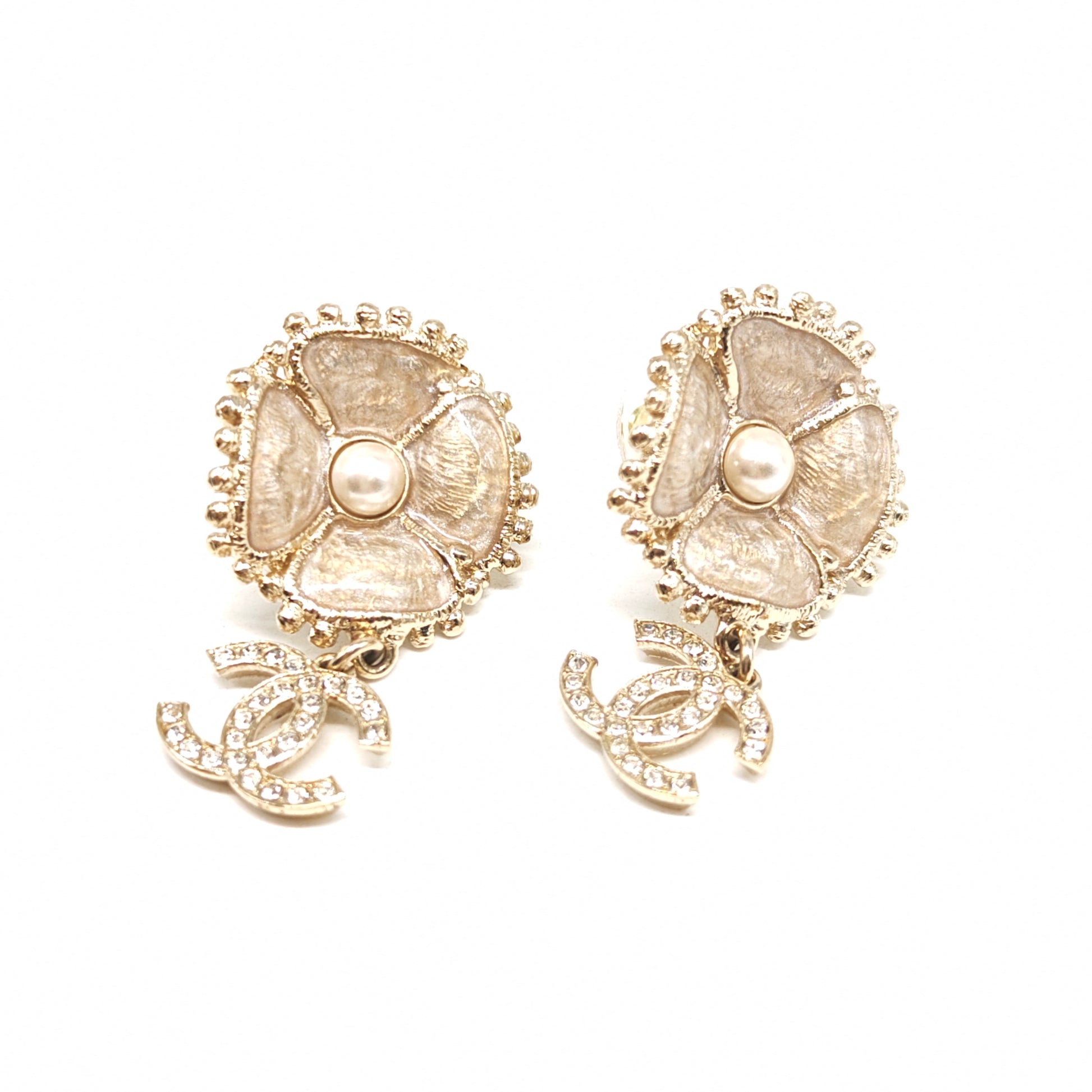 Crystal Pearl Resin Camellia CC Drop Earrings Gold