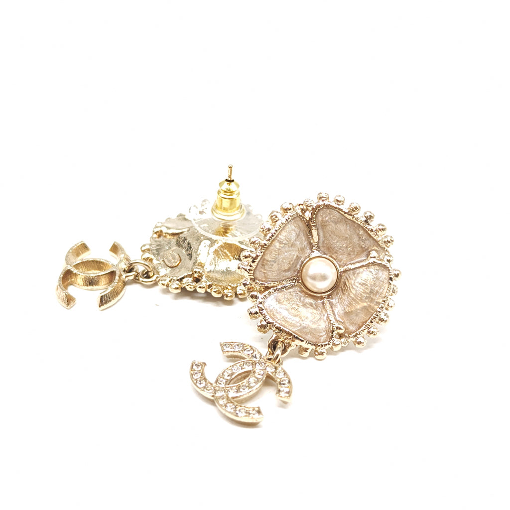 Crystal Pearl Resin Camellia CC Drop Earrings Gold