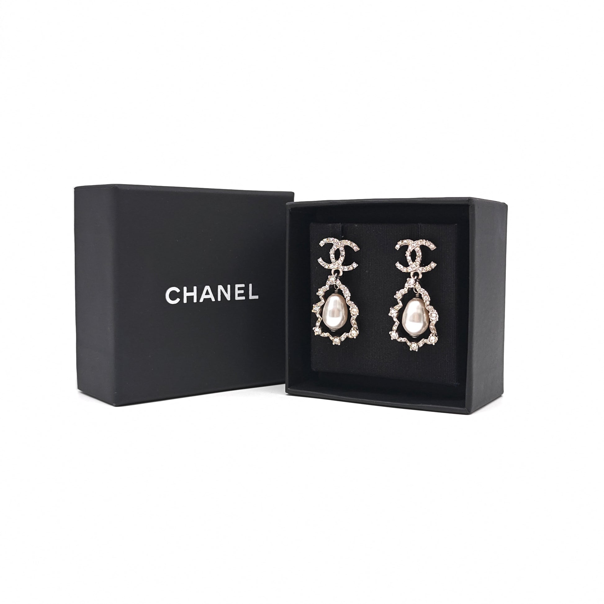 Crystal CC Pearl Drop Earrings Silver