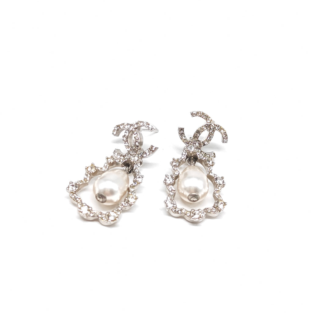Crystal CC Pearl Drop Earrings Silver
