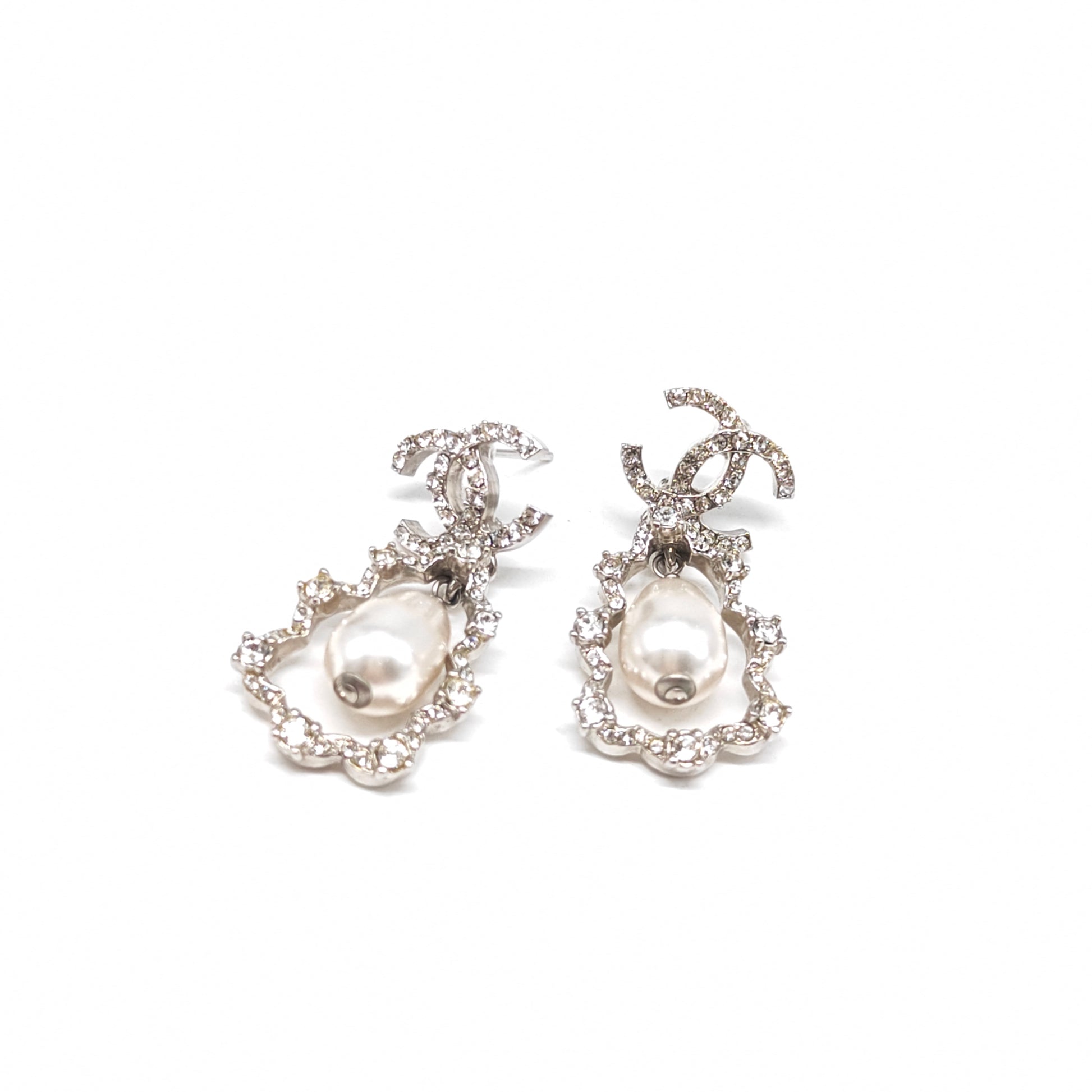 Crystal CC Pearl Drop Earrings Silver