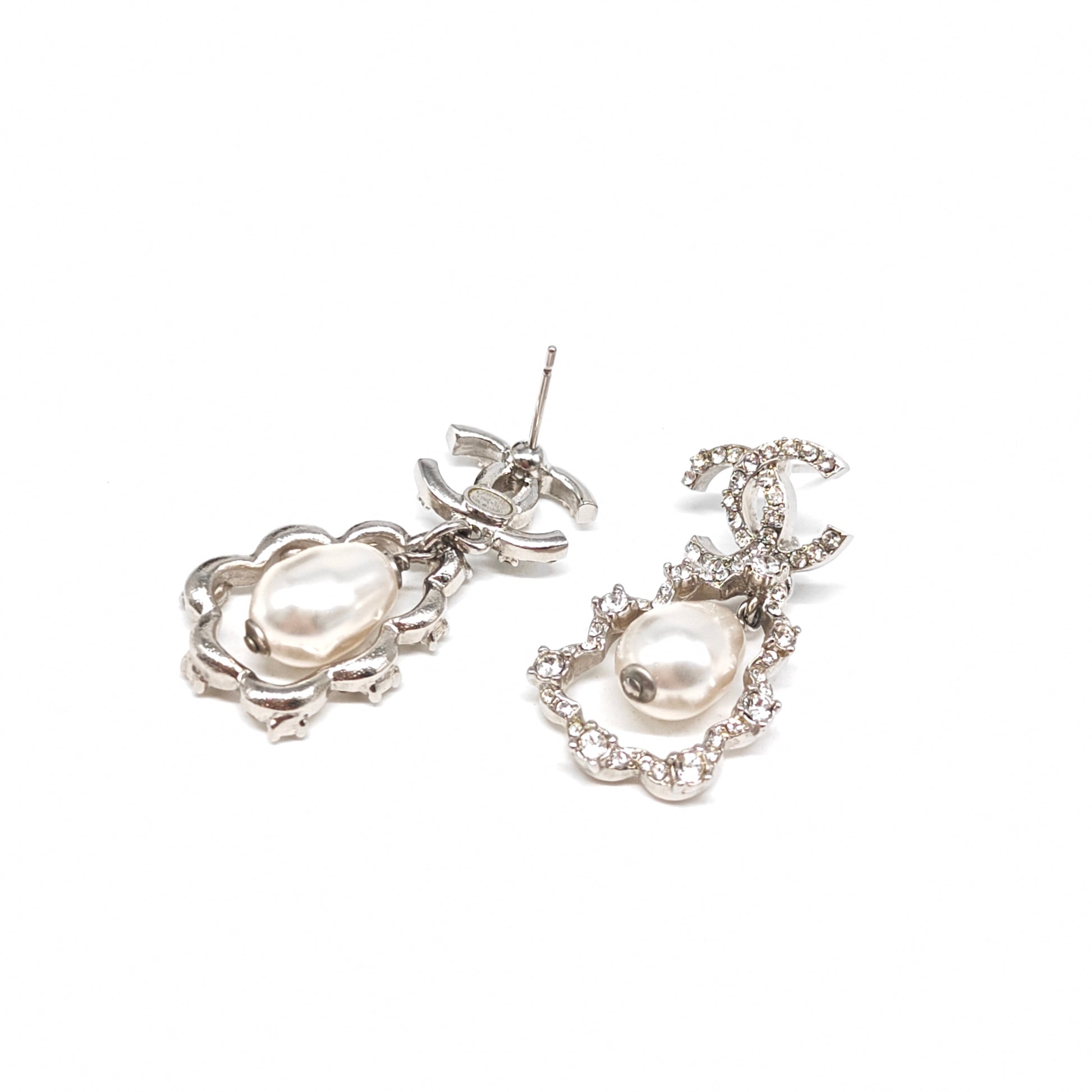 Crystal CC Pearl Drop Earrings Silver