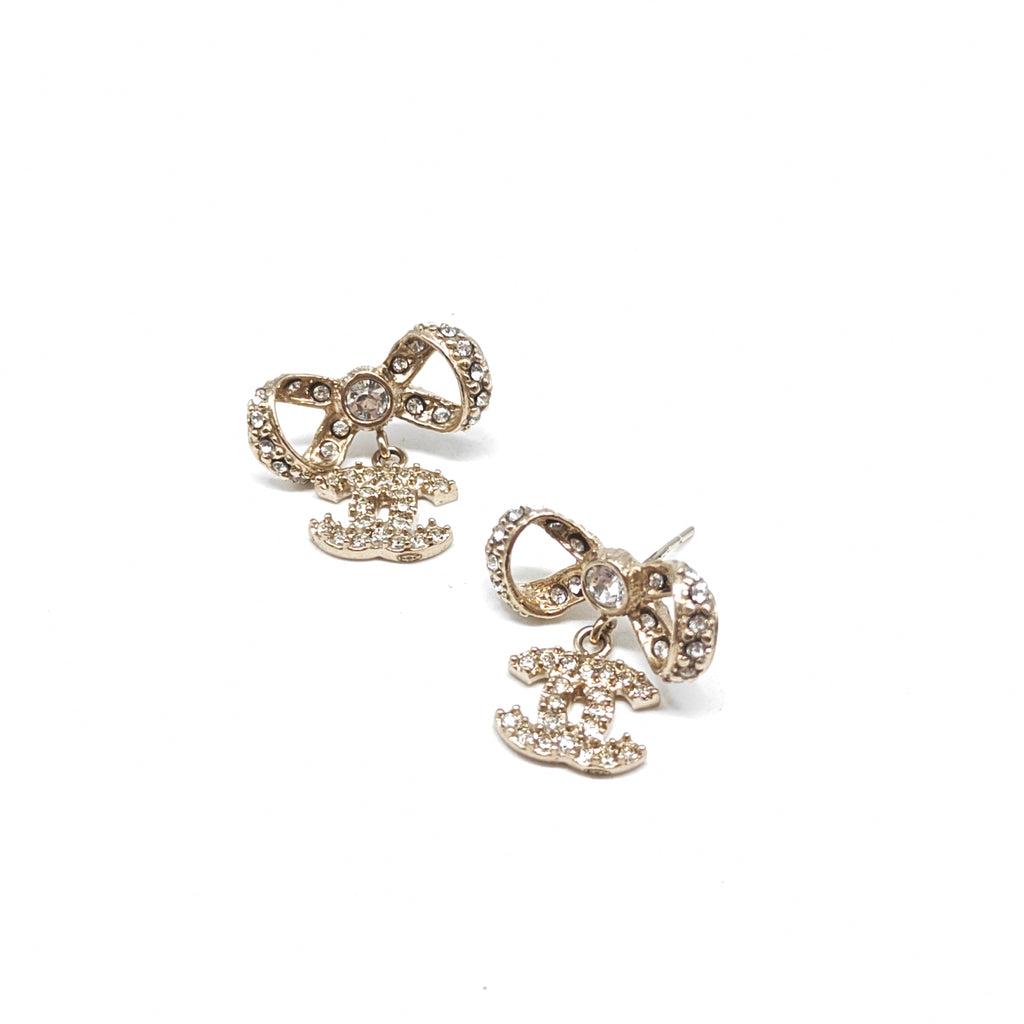 Crystal CC Bow Drop Earrings Gold