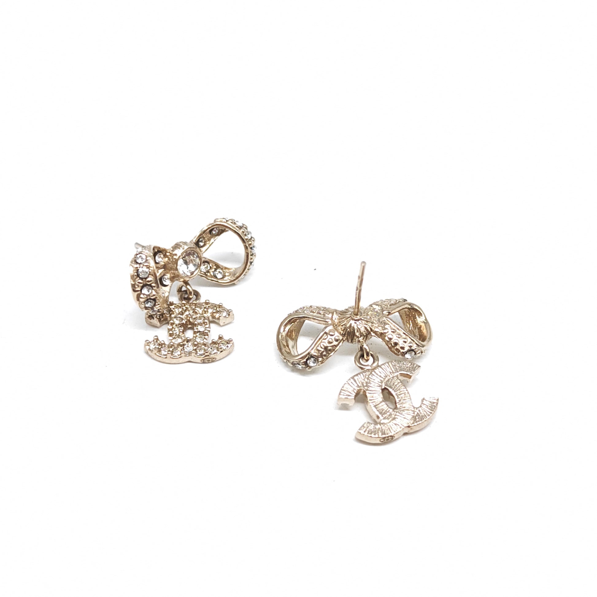 Crystal CC Bow Drop Earrings Gold