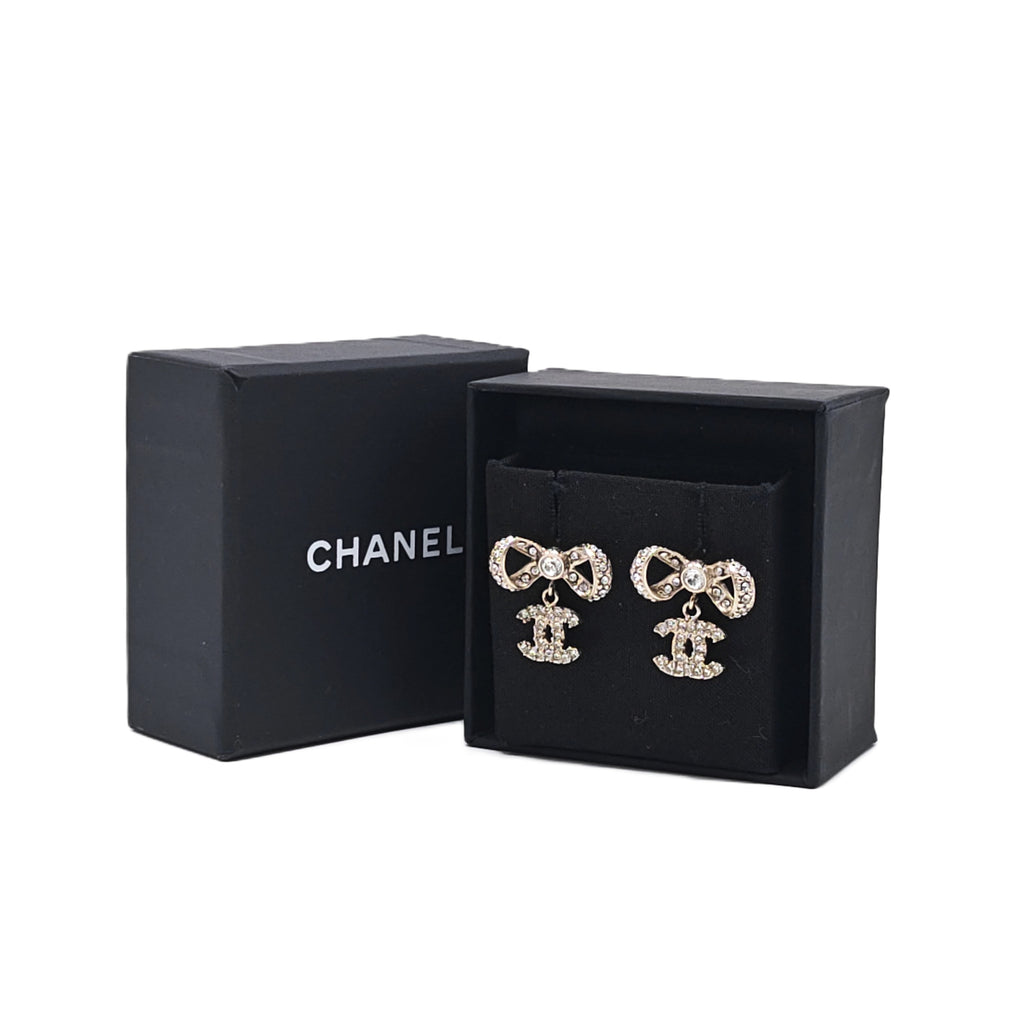 Crystal CC Bow Drop Earrings Gold