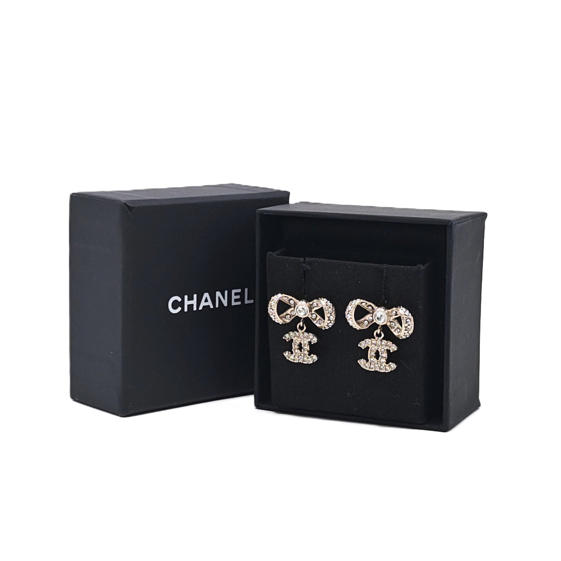 Crystal CC Bow Drop Earrings Gold