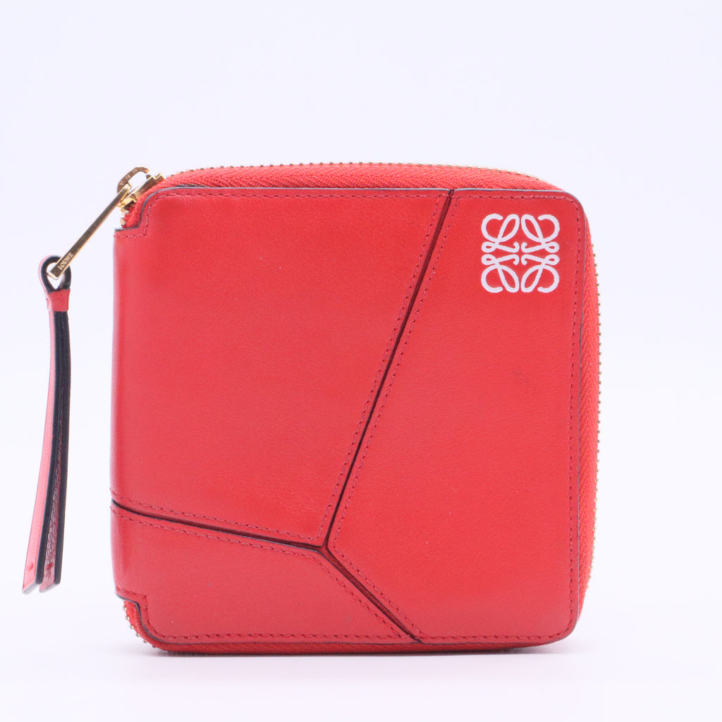 Red Leather Puzzle Zip Compact Wallet
