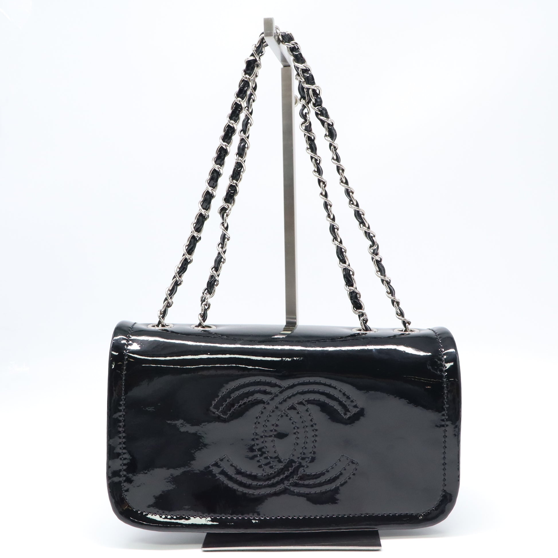 Chanel Black Vinyl Rock and Chain Medium Flap Bag twins B22456