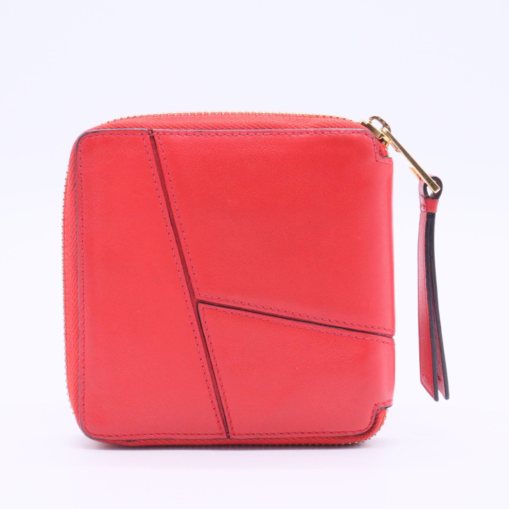 Red Leather Puzzle Zip Compact Wallet