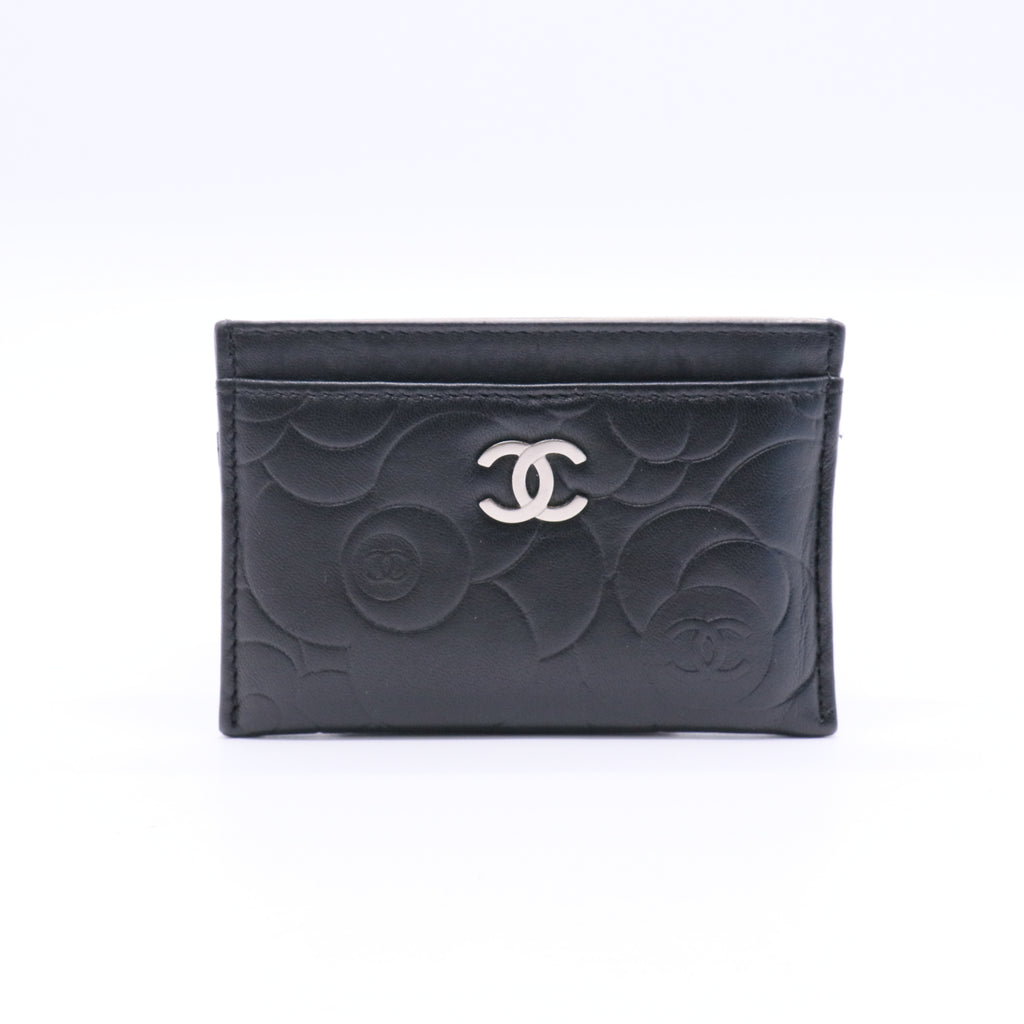 Lambskin Camellia Embossed Card Holder Black