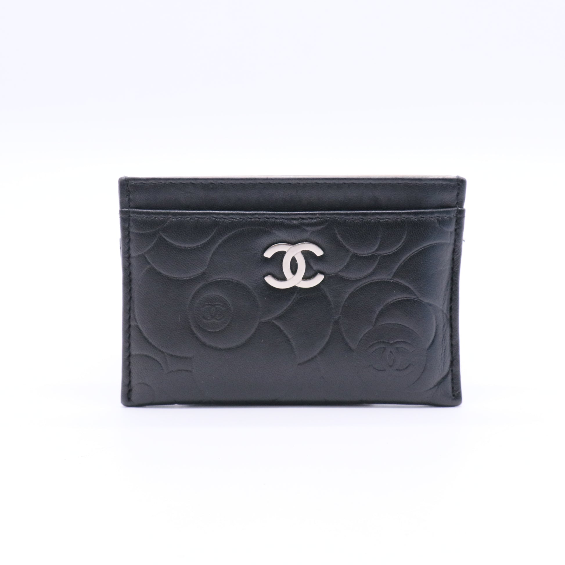 Lambskin Camellia Embossed Card Holder Black