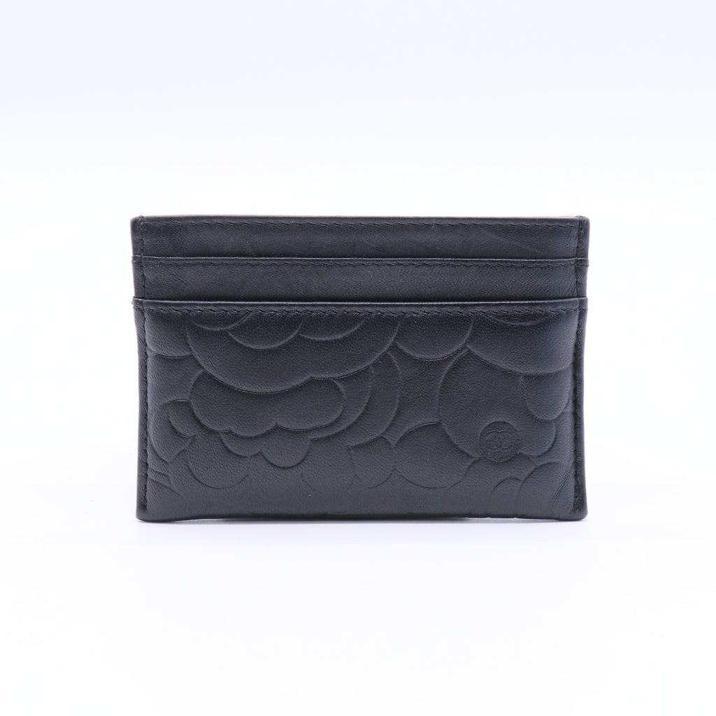 Lambskin Camellia Embossed Card Holder Black