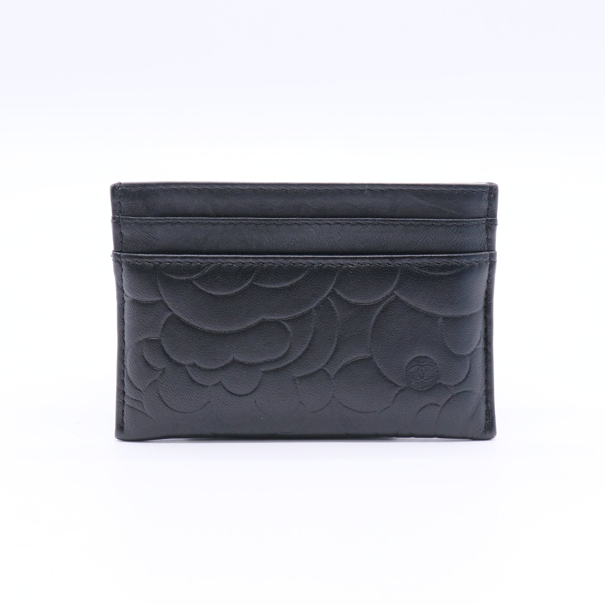 Lambskin Camellia Embossed Card Holder Black