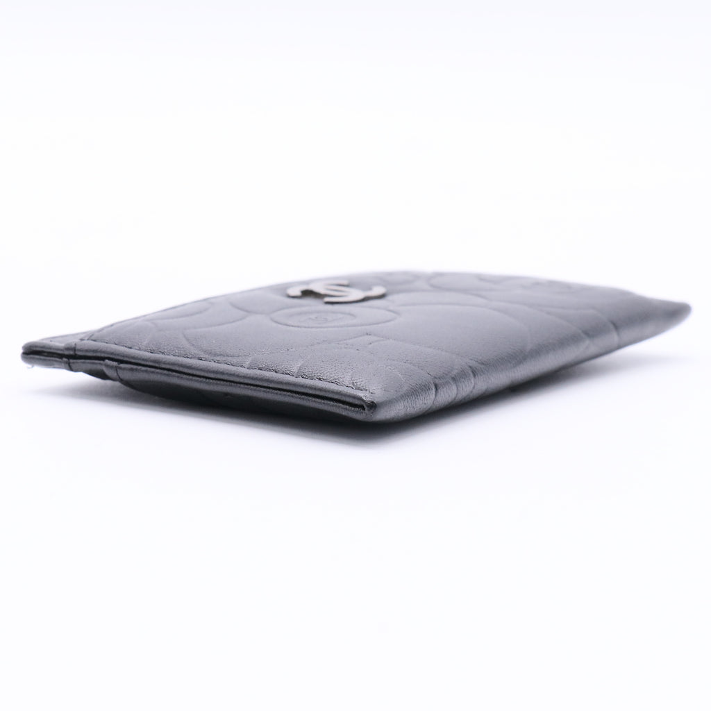 Lambskin Camellia Embossed Card Holder Black