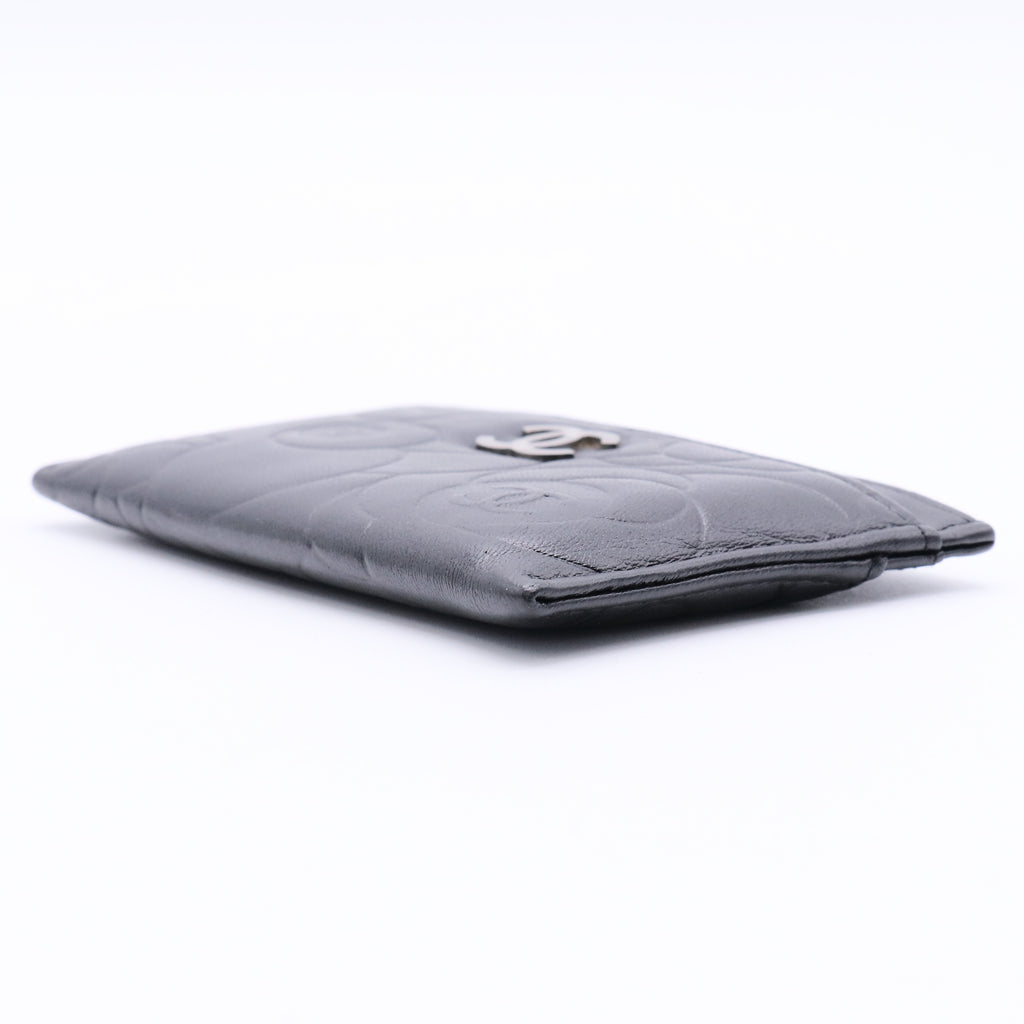 Lambskin Camellia Embossed Card Holder Black