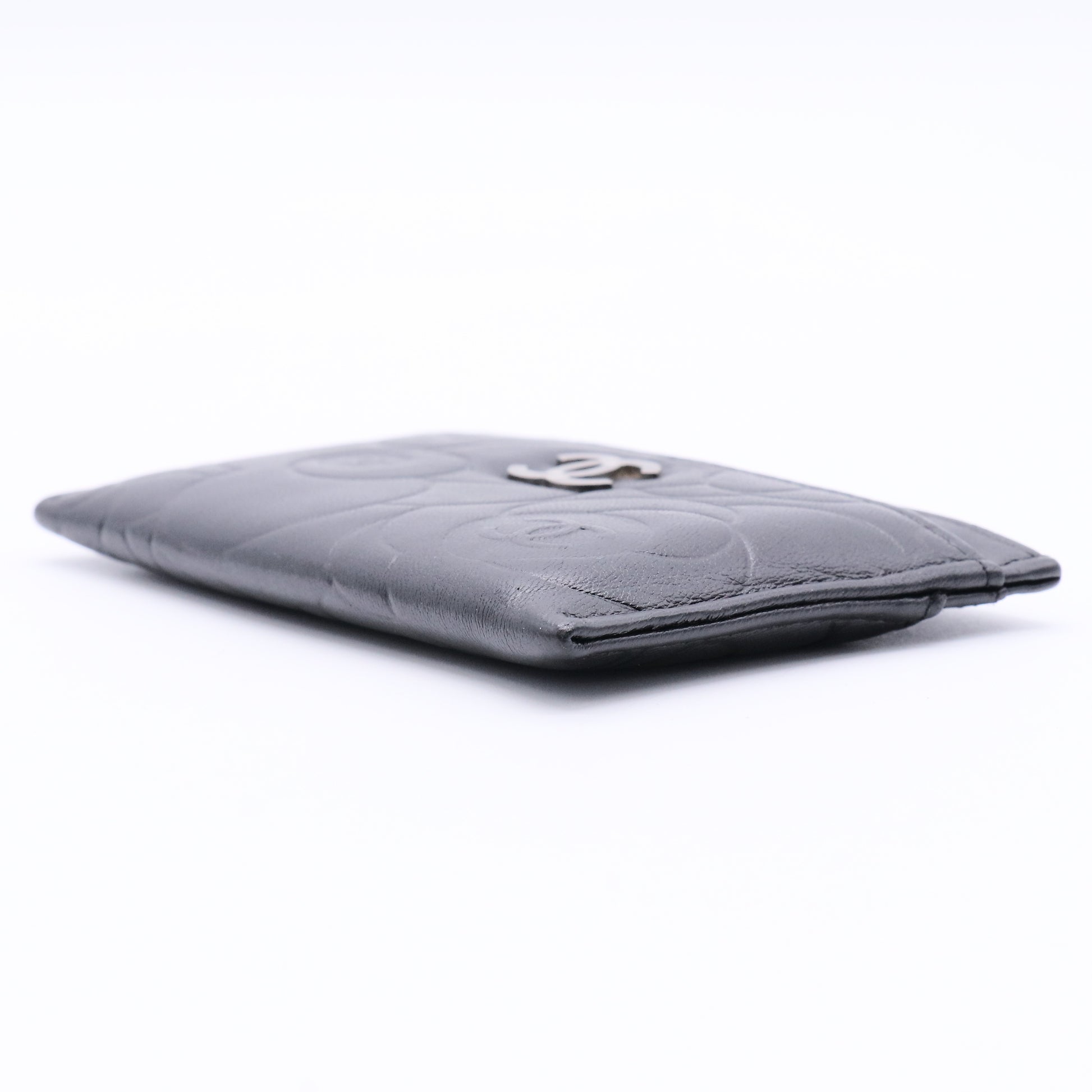 Lambskin Camellia Embossed Card Holder Black