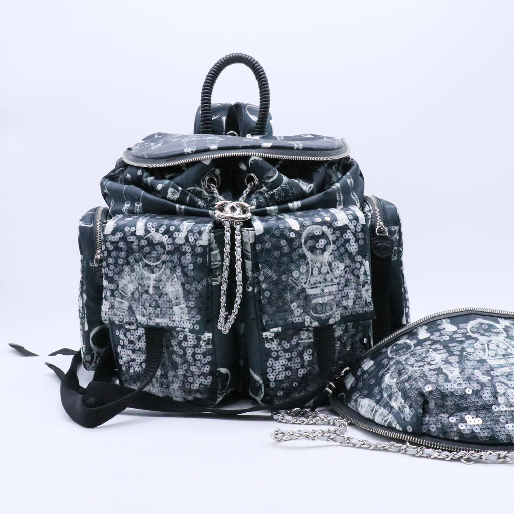Chanel Sequin Nylon Lambskin Astronaut Essentials Backpack Black White Twins LDJ3140