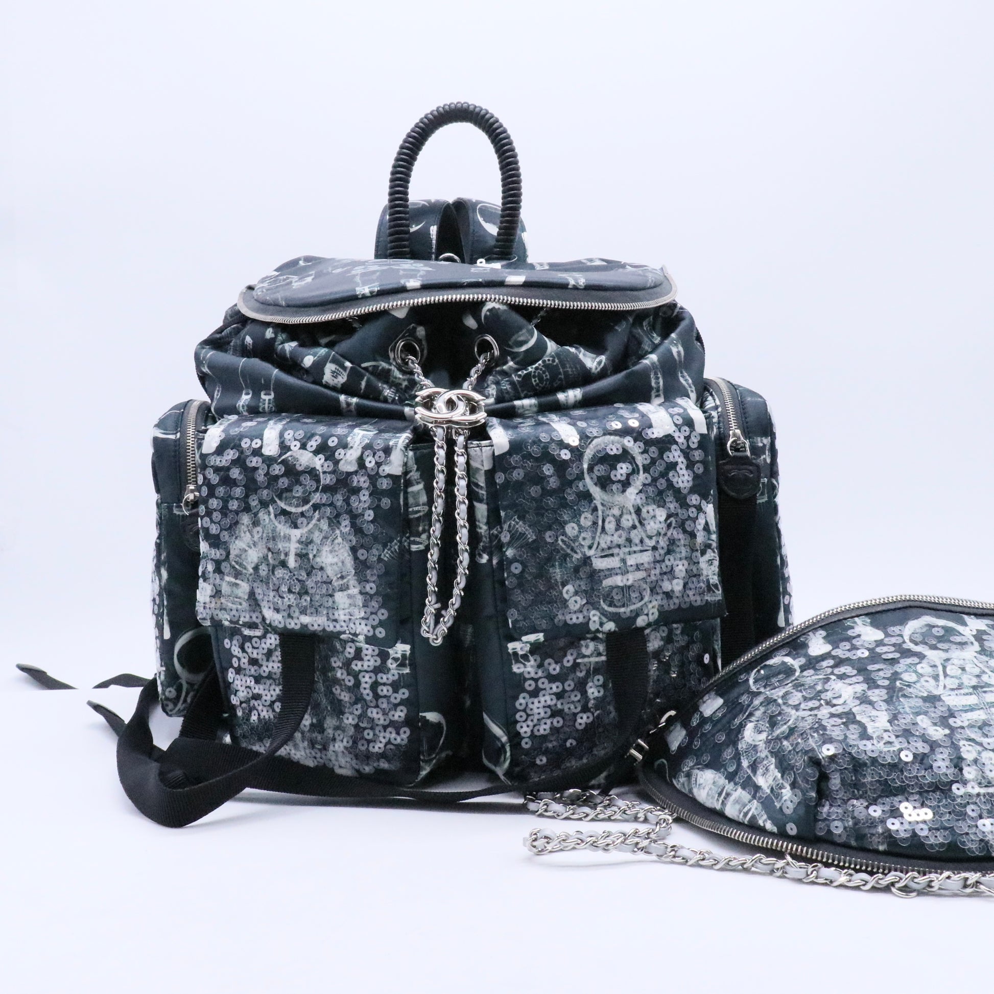 Chanel Sequin Nylon Lambskin Astronaut Essentials Backpack Black White Twins LDJ3140