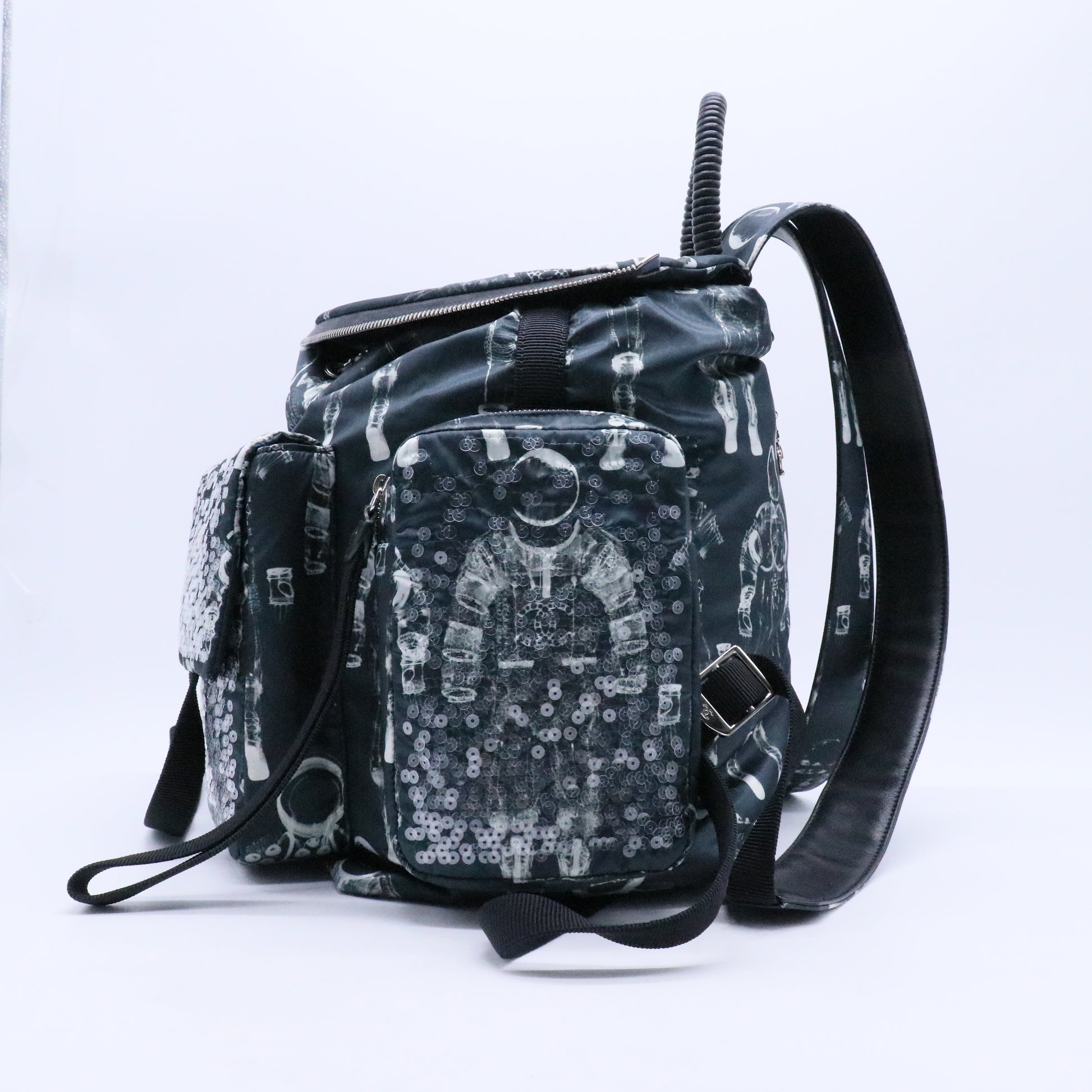 Chanel Sequin Nylon Lambskin Astronaut Essentials Backpack Black White Twins LDJ3140