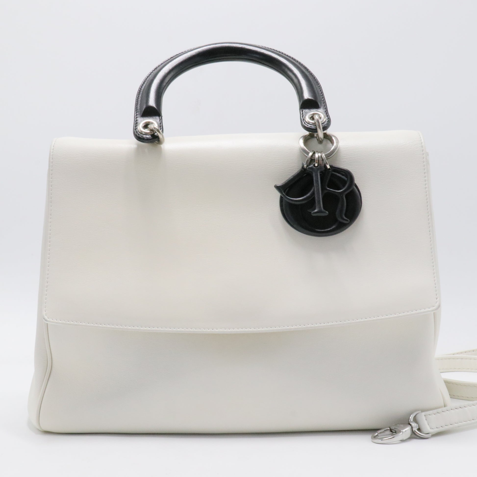Dior White/Black Leather Large Be Dior Flap Top Handle Bag
