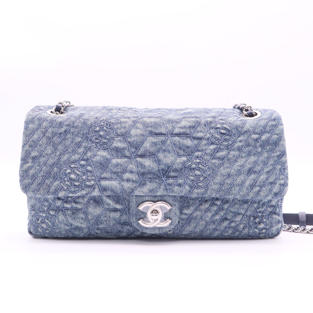 Blue Camellia Embroidered Distressed Denim Flap Bag twins