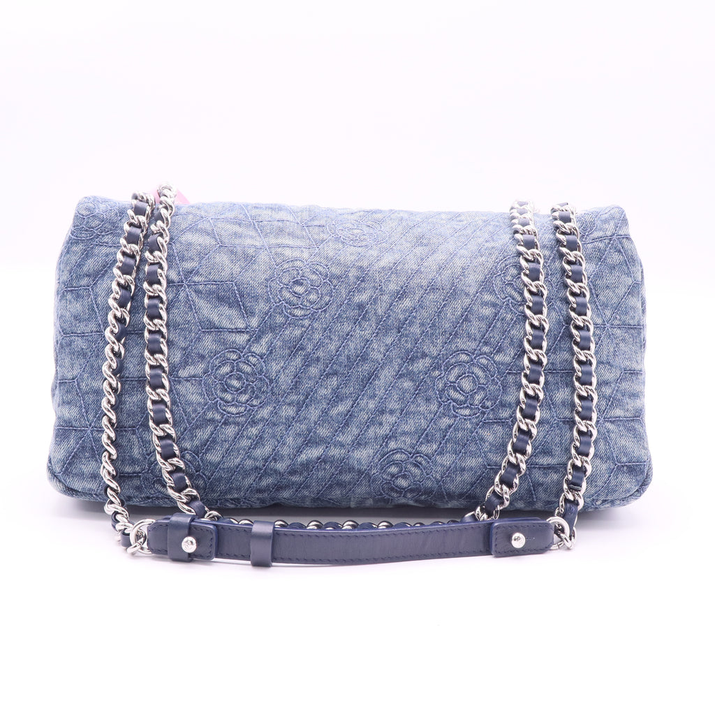 Blue Camellia Embroidered Distressed Denim Flap Bag twins