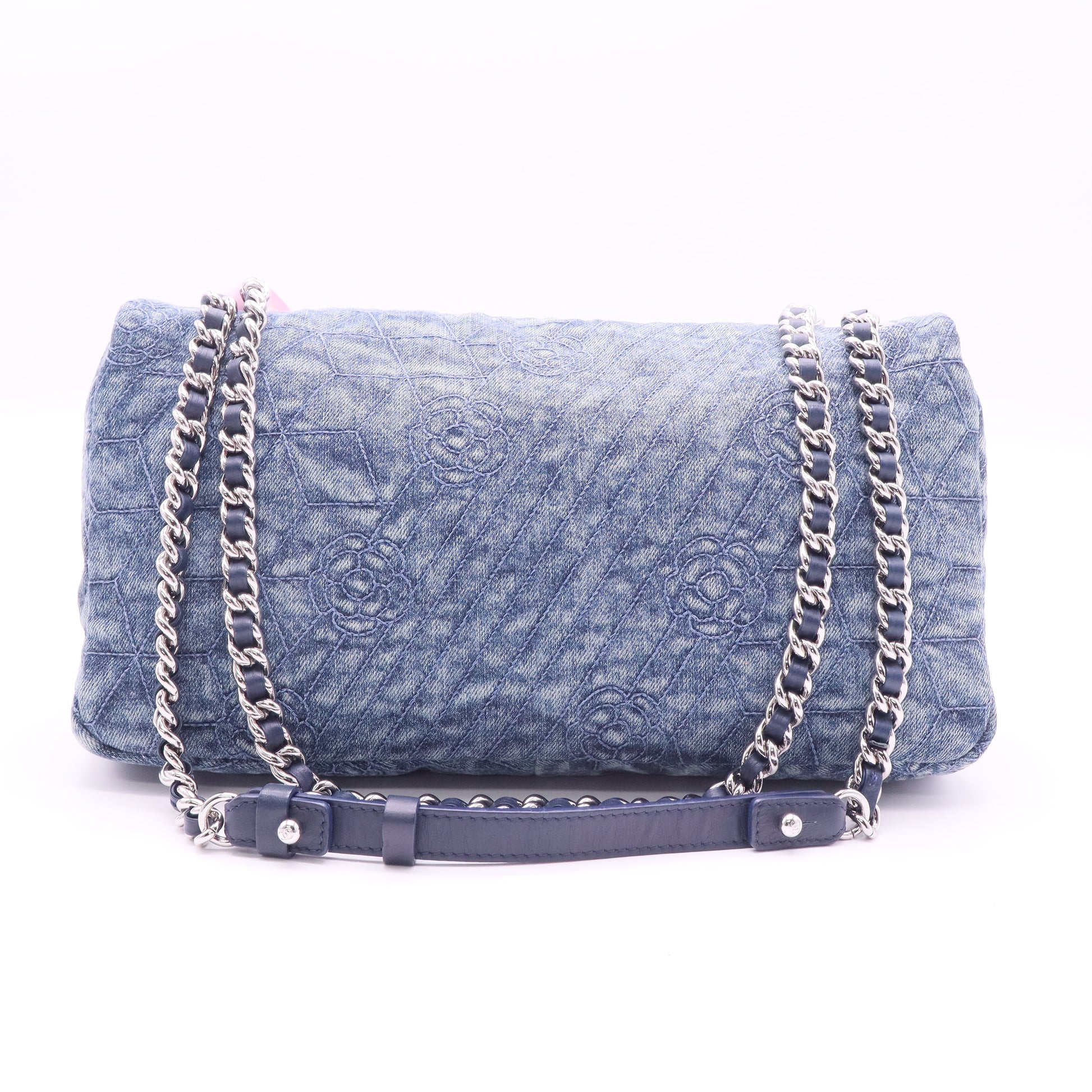 Blue Camellia Embroidered Distressed Denim Flap Bag twins