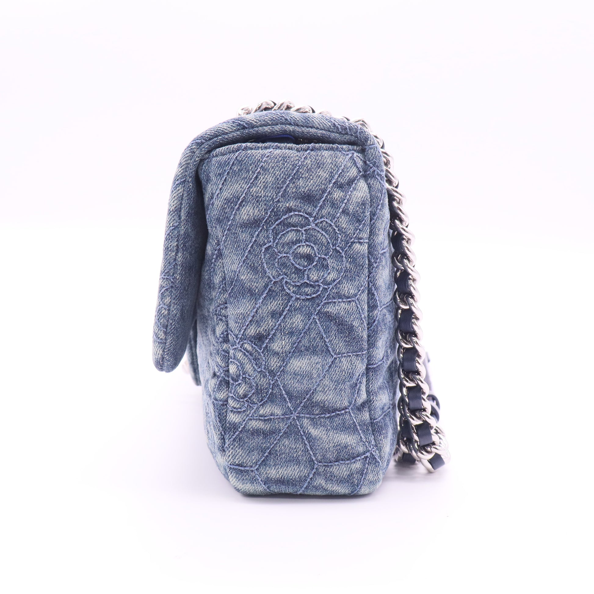 Blue Camellia Embroidered Distressed Denim Flap Bag twins