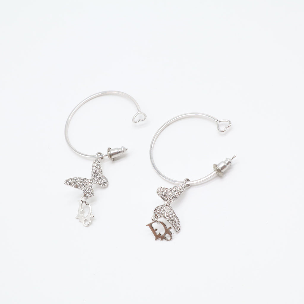 Christian Dior Metal Crystal Butterfly Logo Hoop Earrings W21610