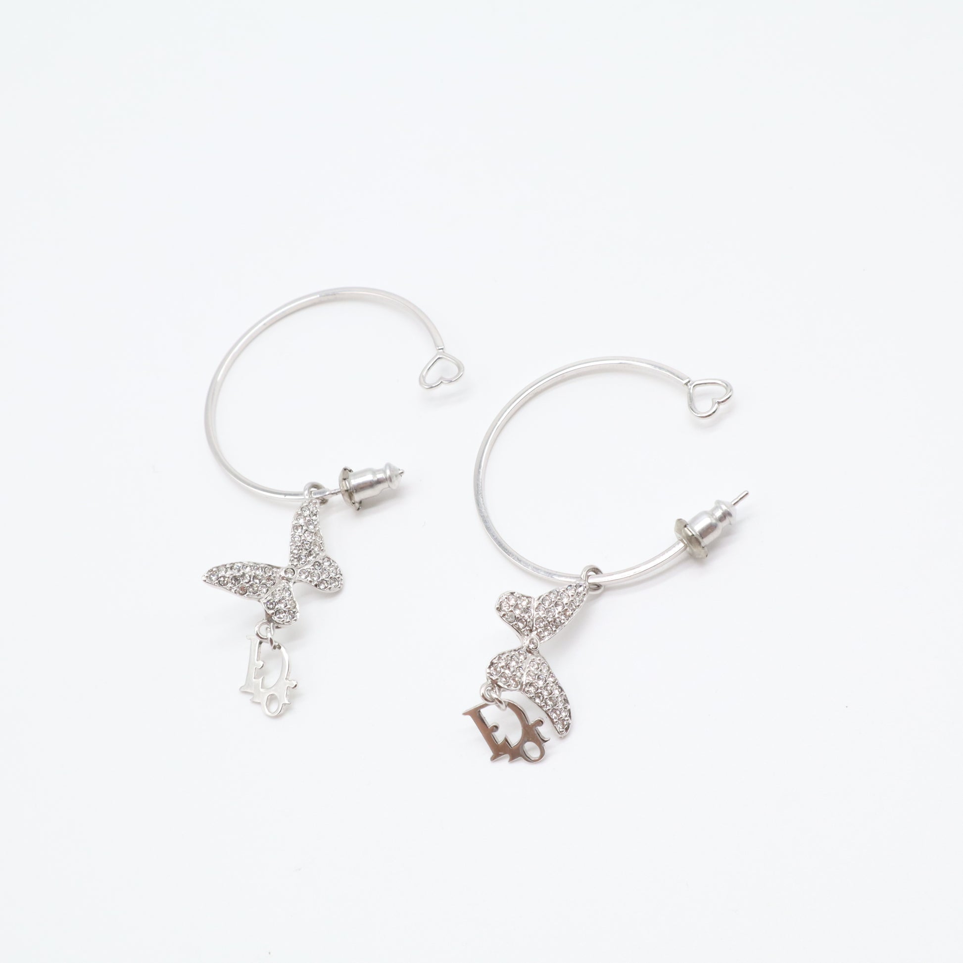Christian Dior Metal Crystal Butterfly Logo Hoop Earrings W21610