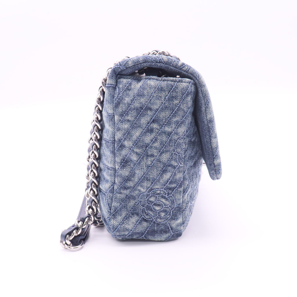 Blue Camellia Embroidered Distressed Denim Flap Bag twins