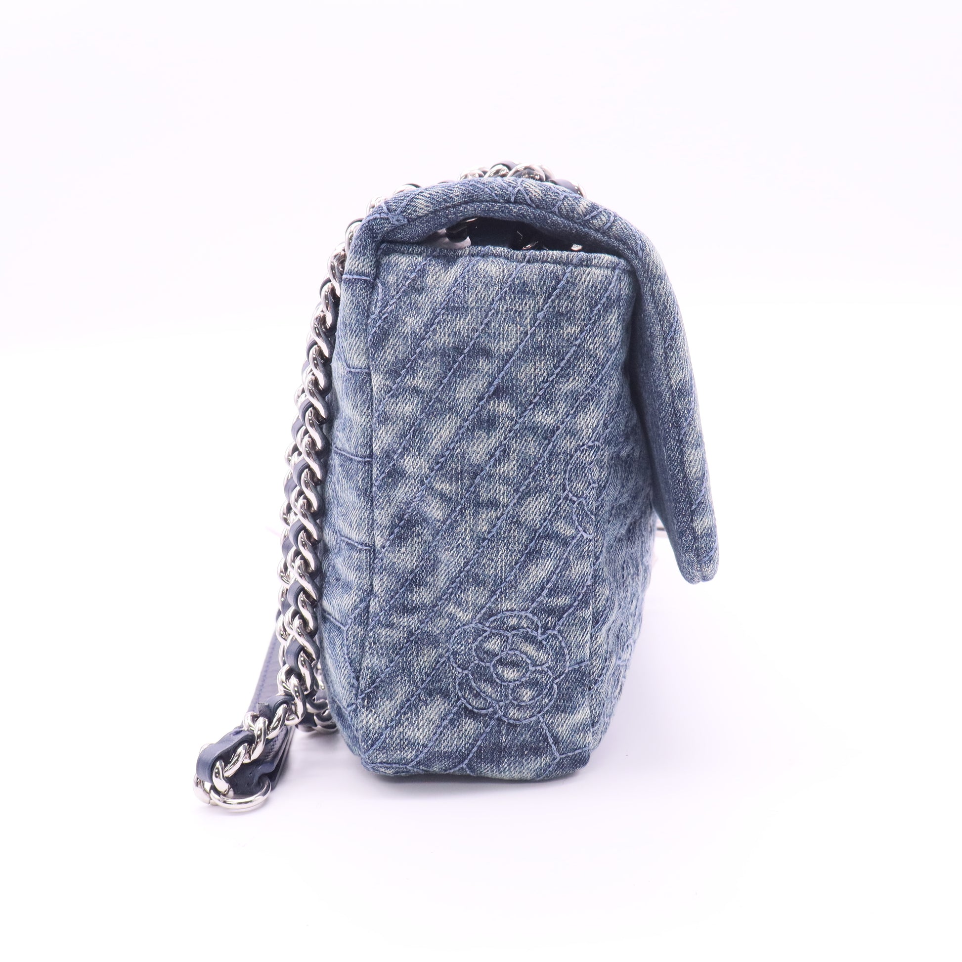 Blue Camellia Embroidered Distressed Denim Flap Bag twins