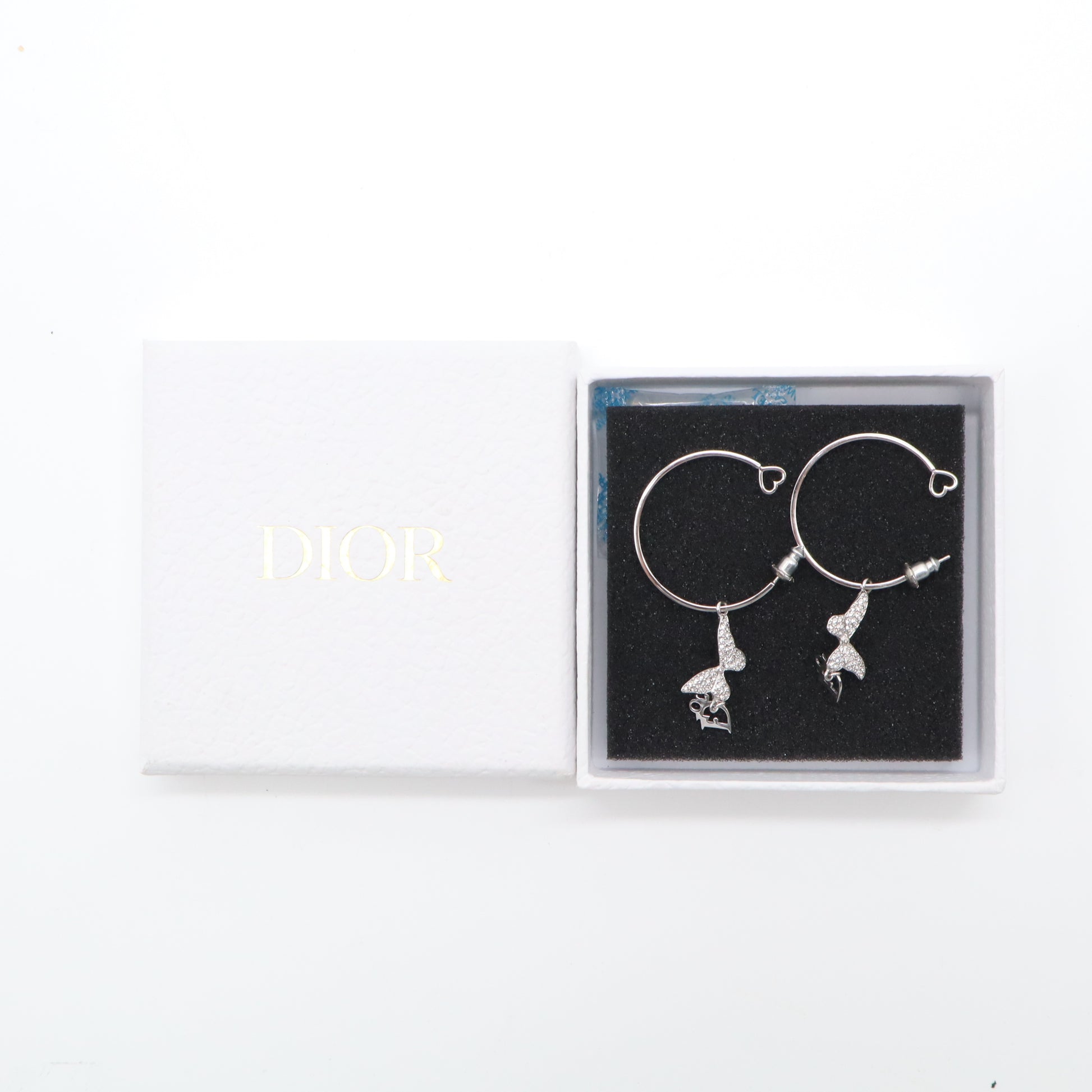 Christian Dior Metal Crystal Butterfly Logo Hoop Earrings W21610