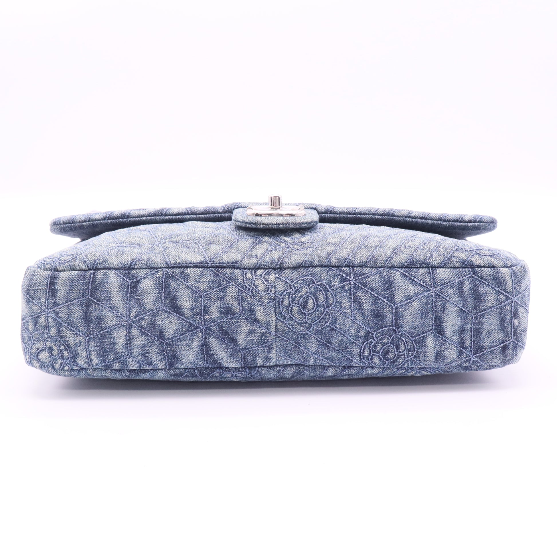 Blue Camellia Embroidered Distressed Denim Flap Bag twins